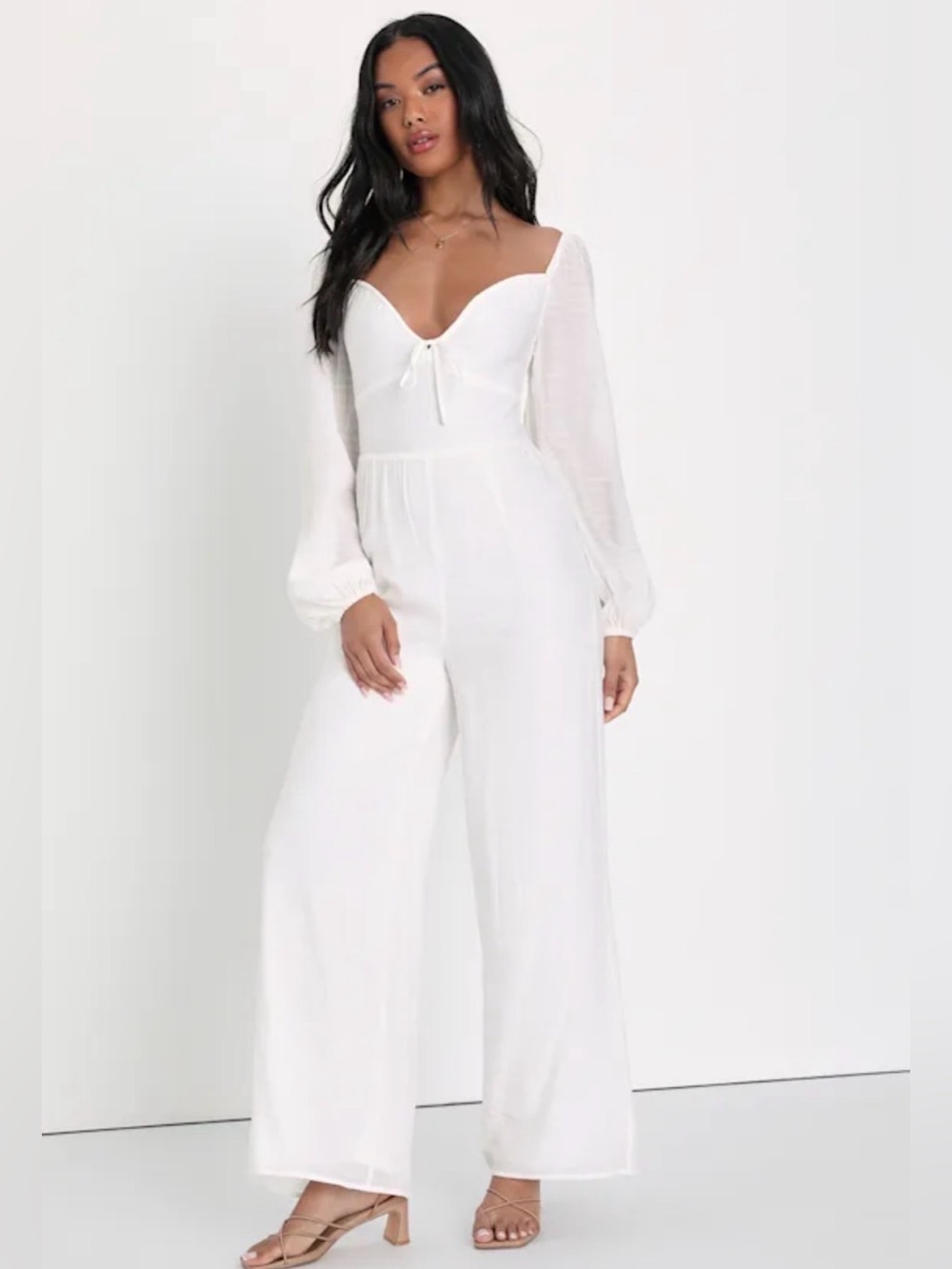 Lulu's White Balloon Sleeve Tie-Front Wide-Leg Jumpsuit